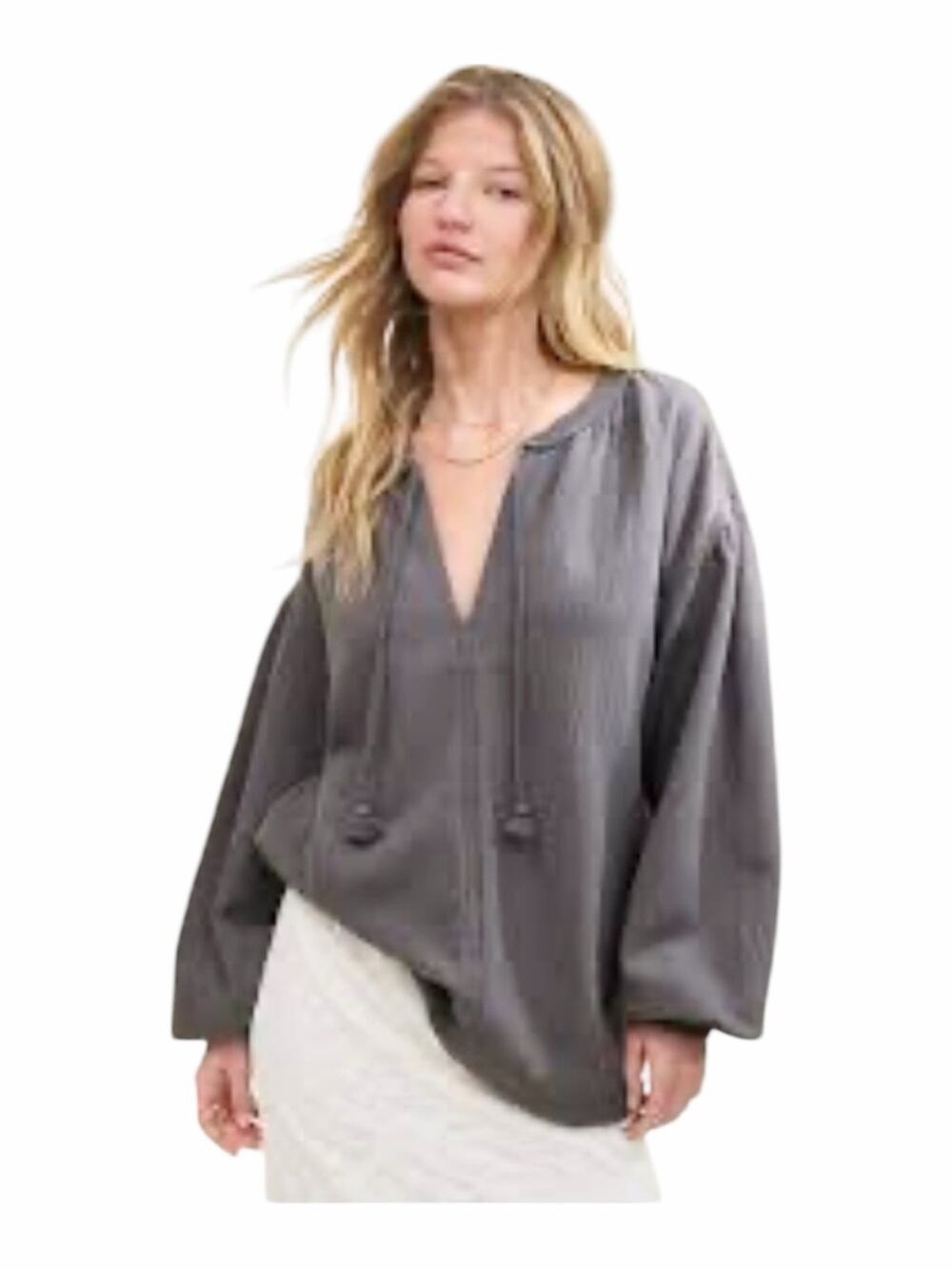 AERIE Easy Street Gray Crinkle French Terry Split Neck Tassel Sweatshirt XL